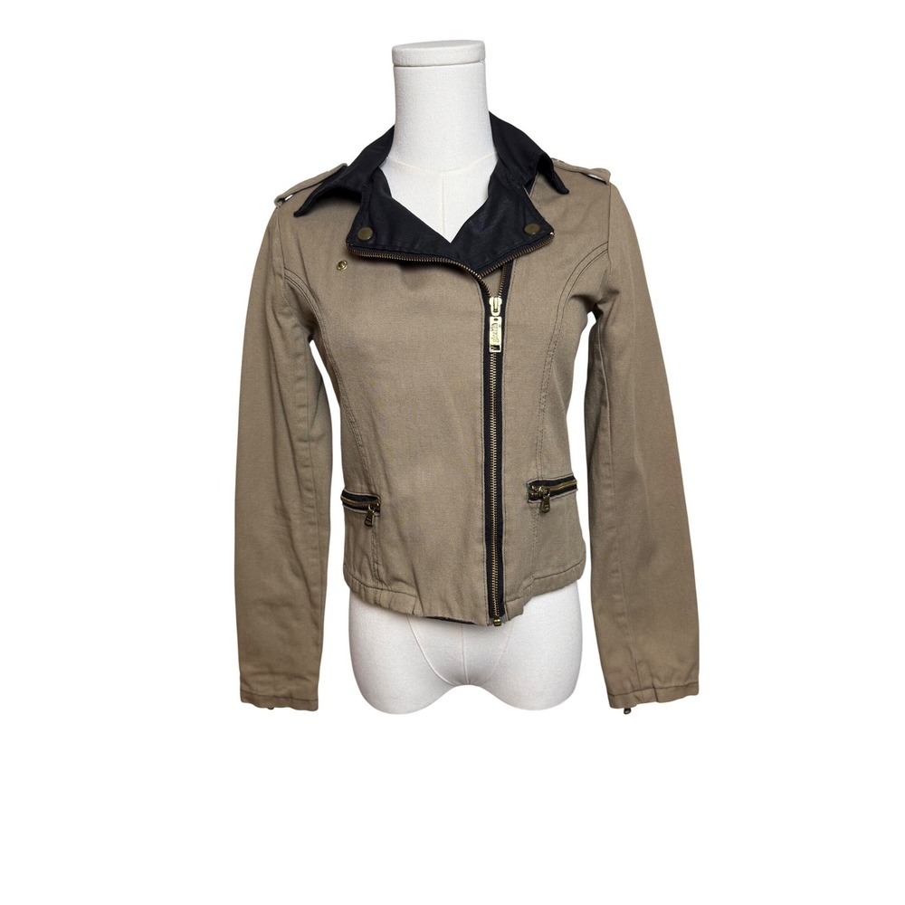 Ginebra Womens Small Tan Moto Jacket‎ Asymmetrical Zip Black Contrast Collar